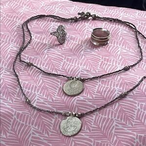 Elegant Silver Coin Necklace and Ring Set